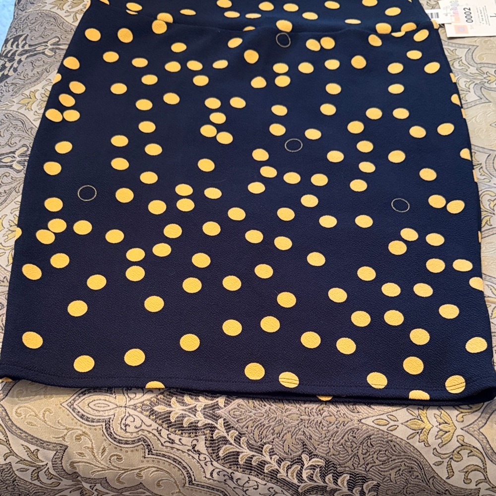 LuLaRoe Dark Blue and Dark Yellow Polka Dot Cassie Pencil Skirt - Picture 5 of 10